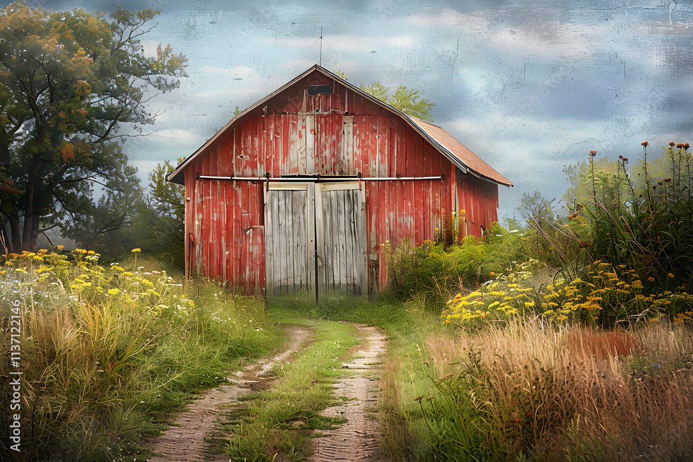 Charming Rustic Barn Amidst Verdant Countryside with Wildflowers and Dirt Pathway Leading to Weathered Red Structure Charming Rustic Barn Amidst Verdant Countryside with Wildflowers and Dirt Pathway Leading to Weathered Red Structure