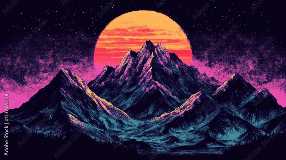 Fototapeta premium Mountains Silhouette Underneath A Vibrant Sunset Sky