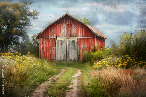 Charming Rustic Barn Amidst Verdant Countryside with Wildflowers and Dirt Pathway Leading to Weathered Red Structure