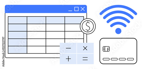 Spreadsheet with calculation symbols, credit card, wireless signal. Ideal for fintech, mobile banking, accounting, budgeting, finance apps digital payments and business. Line metaphor