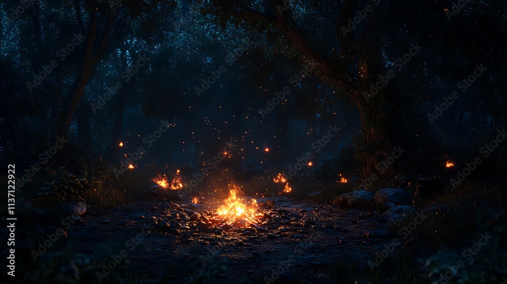 Campfire Burning Brightly in a Dark Forest at Night Campfire Burning Brightly in a Dark Forest at Night