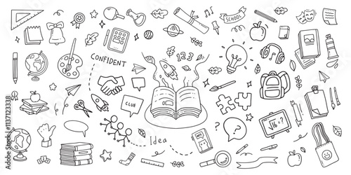 Back to school doodle elements. Vector illustration in line