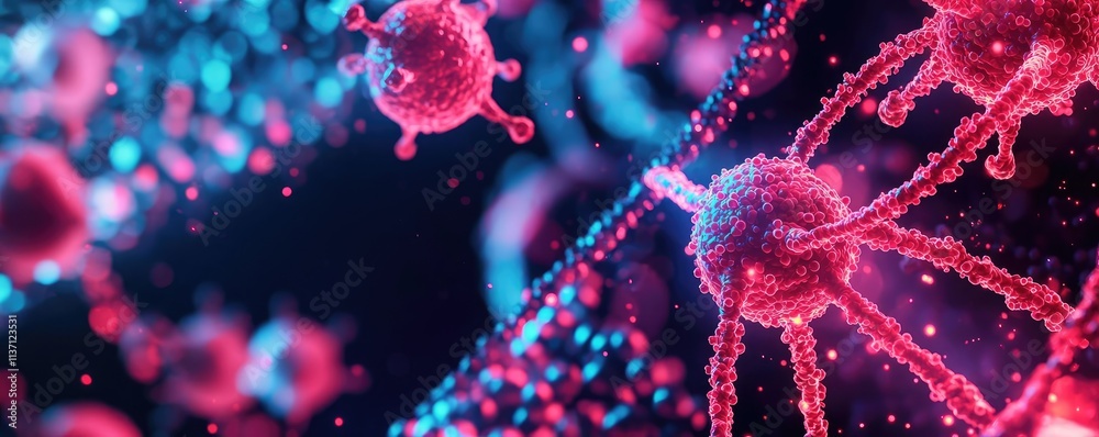 Cancer cells concept. Abstract representation of a virus with vibrant colors and intricate details. Cancer cells concept. Abstract representation of a virus with vibrant colors and intricate details.