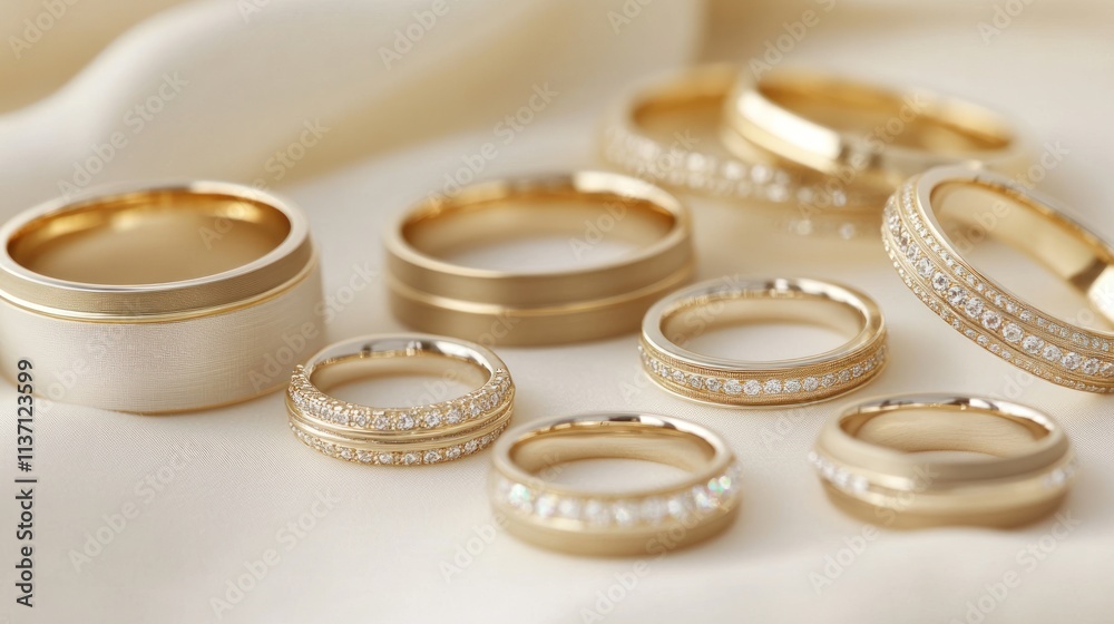 Elegant Gold Rings with Diamond Accents Displayed on Fabric Elegant Gold Rings with Diamond Accents Displayed on Fabric