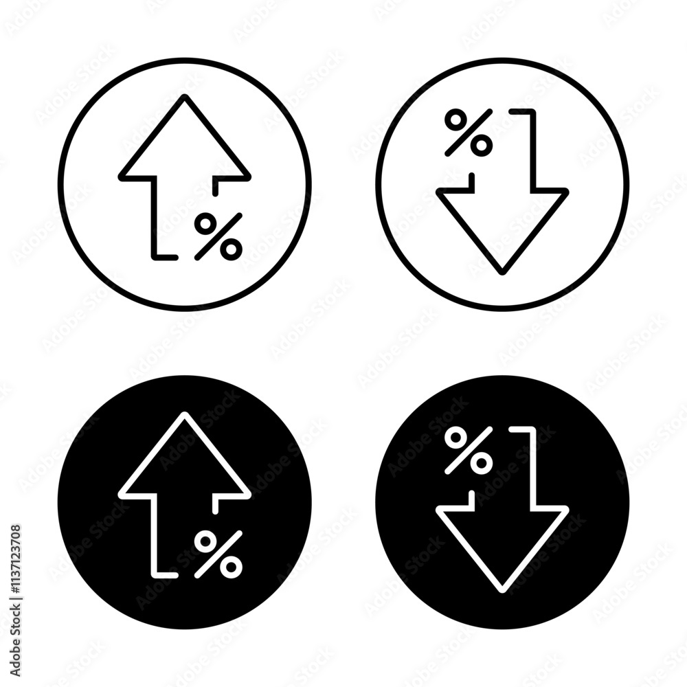 Percent growth decline arrow icon on black circle. Increase and decrease percentage sign symbol Percent growth decline arrow icon on black circle. Increase and decrease percentage sign symbol