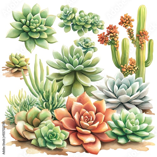 Vibrant Watercolor Collection of Unique Succulents and Desert Plants Showcasing Diverse Forms and Colors in an Artistic Arrangement for Botanical Inspiration