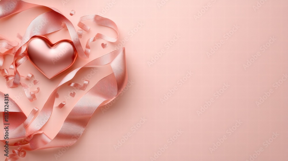 Rose Gold Heart with Ribbon and Confetti on Pink Background Rose Gold Heart with Ribbon and Confetti on Pink Background