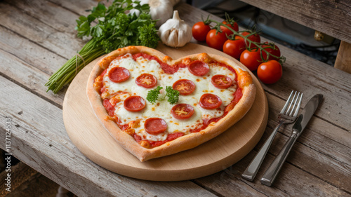 Valentiness Day Pizza with Heart Shape and Fresh Garnish photo