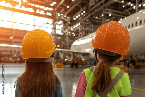 Two children in safety gear watch an aircraft being serviced in a well-lit hangar, showcasing curiosity and future aspirations in aviation. photo