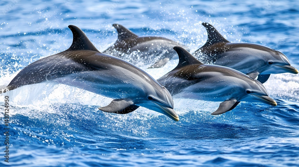 Fototapeta premium Four striped dolphins swimming in the ocean.