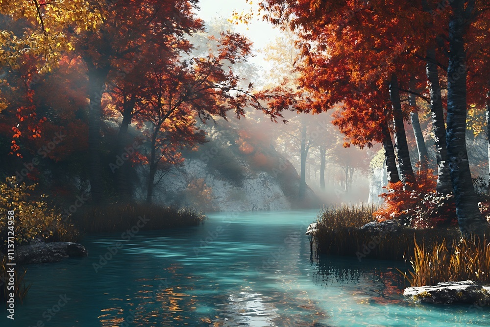 Fototapeta premium Autumnal River Scene: A Mystical Forest Path
