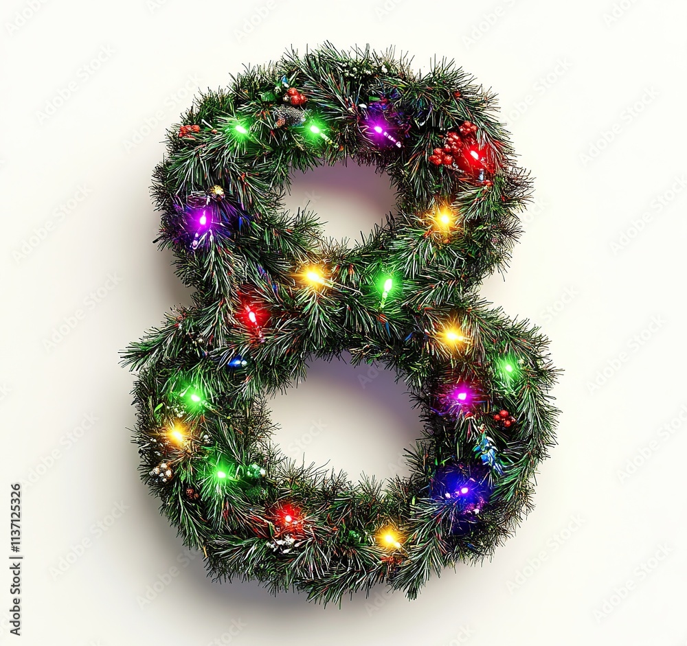 Wreath with Number 8 with Christmas lights garland on white background. 3d Wreath with Number 8 with Christmas lights garland on white background. 3d