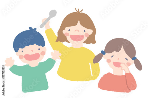 スプーンを持って盛り上がる子供たち3人