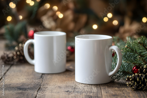 mockup two white mugs close up on christmas background