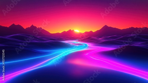 Neon Lights Illuminate a Vibrant Sunset Landscape photo