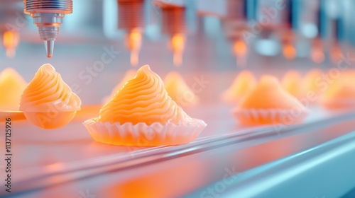 Wallpaper Mural A 3D food printer nozzle extruding a perfectly swirled orange edible design, highlighting innovation and sustainable food technology... Torontodigital.ca