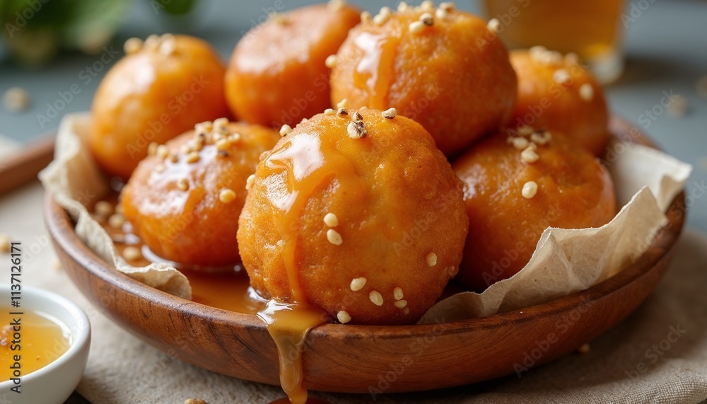 Luqaimat dessert drizzled with syrup and sesame seeds Luqaimat dessert drizzled with syrup and sesame seeds