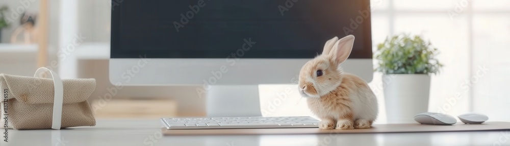 Obraz premium A cute rabbit sits beside a computer on a desk, adding a playful touch to a modern workspace with green plants and a cozy atmosphere.
