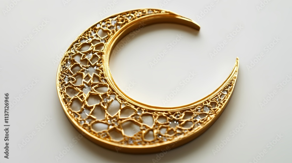 Golden crescent moon with intricate floral design. Golden crescent moon with intricate floral design.