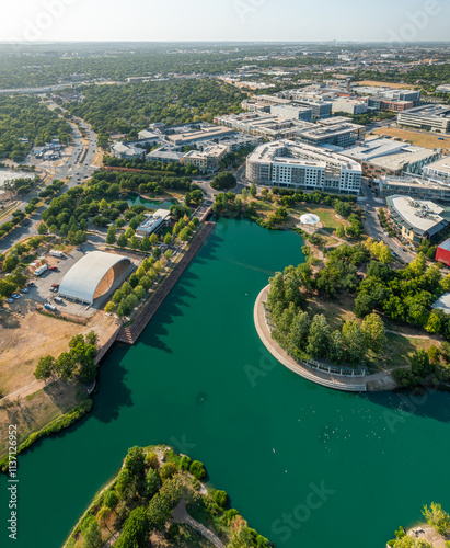 Aerial panoramic view of Mueller Lake in the park, Austin, Texas