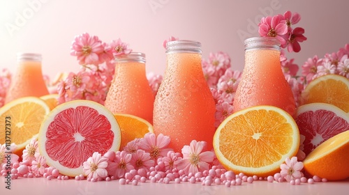 Colorful juice bottles with sliced citrus on pink background photo