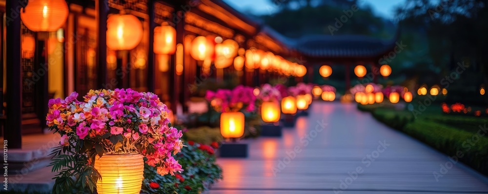 Chinese lanterns idea. A serene garden path illuminated by lanterns and vibrant flowers at dusk. Chinese lanterns idea. A serene garden path illuminated by lanterns and vibrant flowers at dusk.