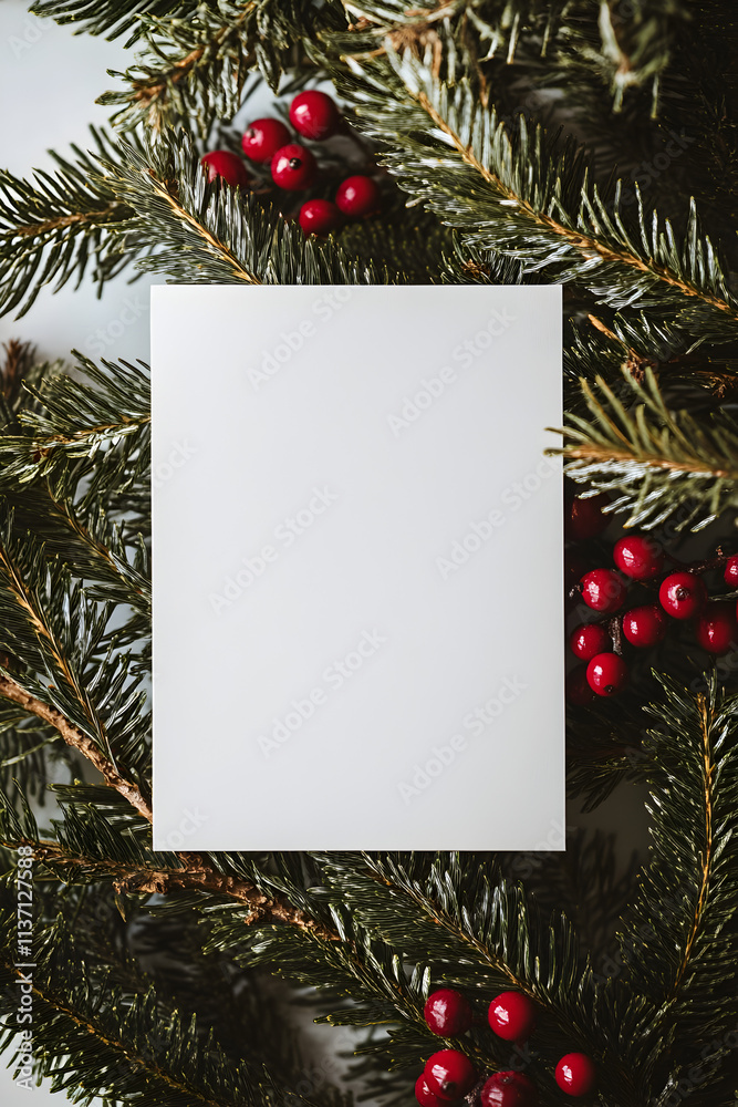 Fototapeta premium White Paper Mockup for Invitation or Greeting Card on Christmas Background with Festive Decor
