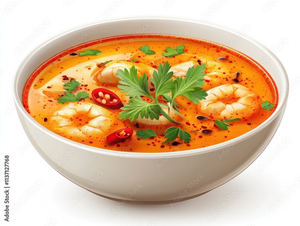 A bowl of spicy shrimp soup garnished with herbs and chilies. A bowl of spicy shrimp soup garnished with herbs and chilies.