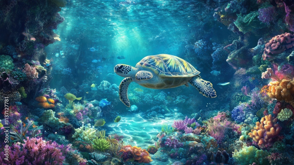 Obraz premium Sea Turtle Gracefully Swims Through Vibrant Coral Reef