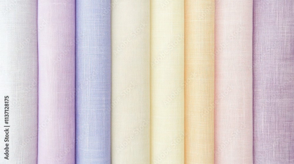 Fototapeta premium Rolled pastel fabric samples display various colors and textures