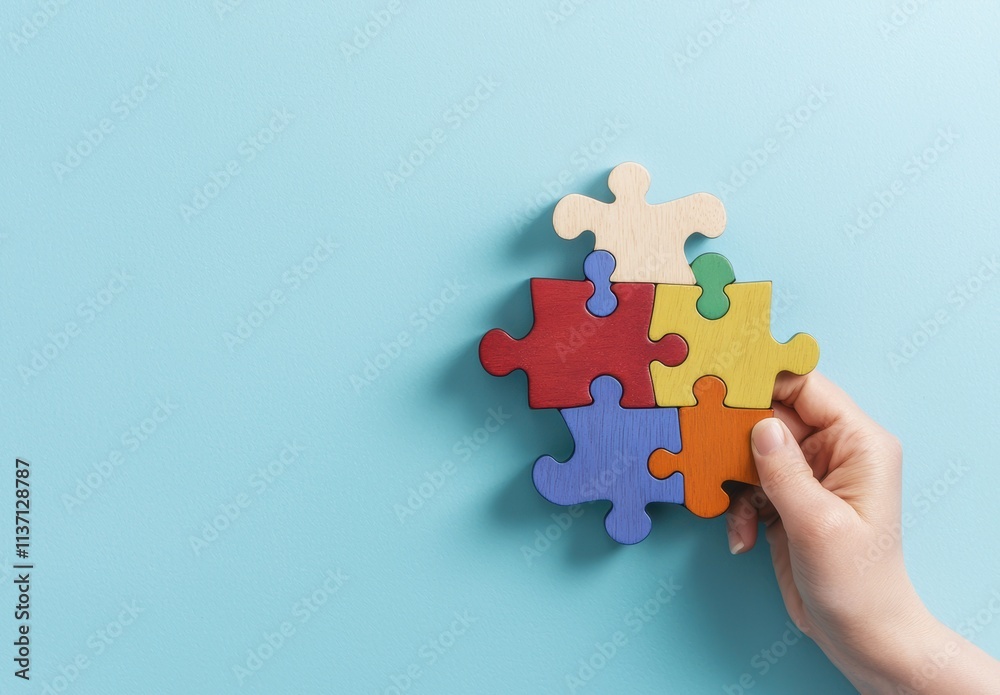 Colorful Puzzle Pieces with Hand on Blue Background Colorful Puzzle Pieces with Hand on Blue Background