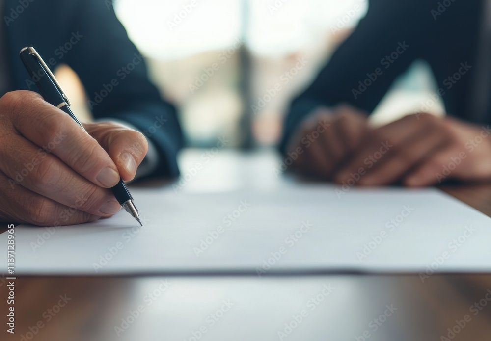 Close-Up of Businessman Hand Signing Document with Pen on Table Close-Up of Businessman Hand Signing Document with Pen on Table
