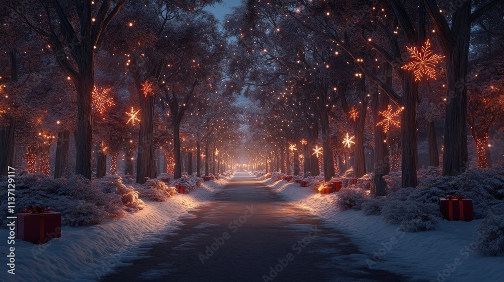 Enchanting Snow-Covered Pathway with Christmas Lights Enchanting Snow-Covered Pathway with Christmas Lights
