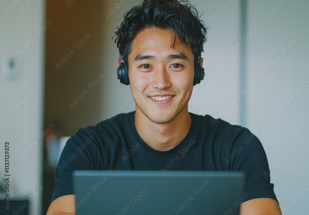 Smiling Man wearing Headphones while Working on Laptop at Home Office Smiling Man wearing Headphones while Working on Laptop at Home Office