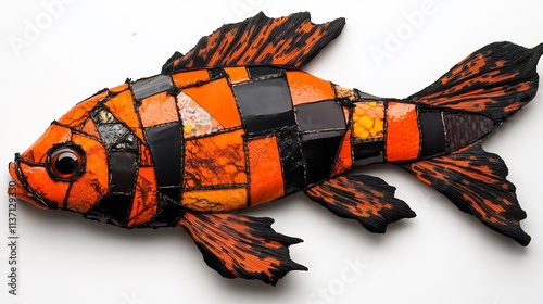 Orange and Black Mosaic Fish Sculpture: A Striking Piece of Art photo