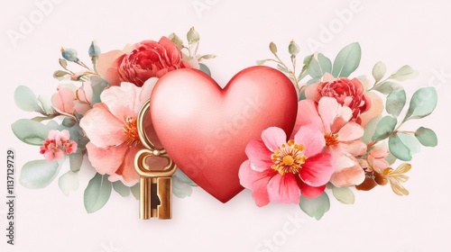 heart surrounded by delicate watercolor flowers, creating a romantic Valentine's Day scene.