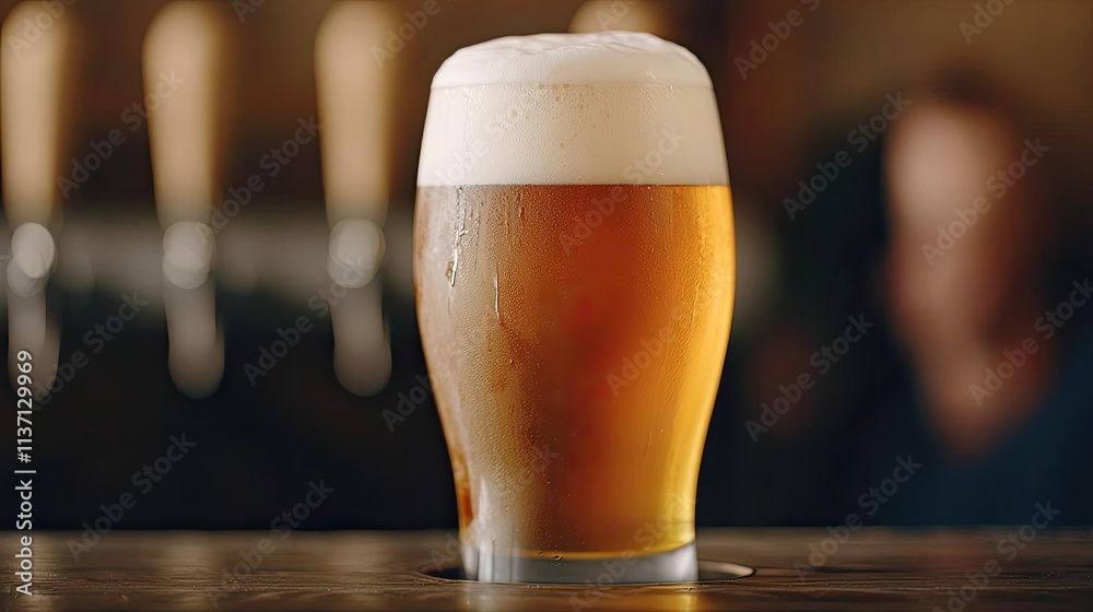 Beer party concept. A refreshing pint of golden beer with a frothy head on a wooden bar. Beer party concept. A refreshing pint of golden beer with a frothy head on a wooden bar.