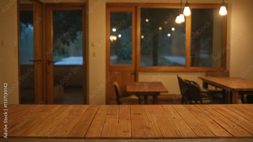 Warm Evening Light in a Cozy Wooden Restaurant Interior Warm Evening Light in a Cozy Wooden Restaurant Interior