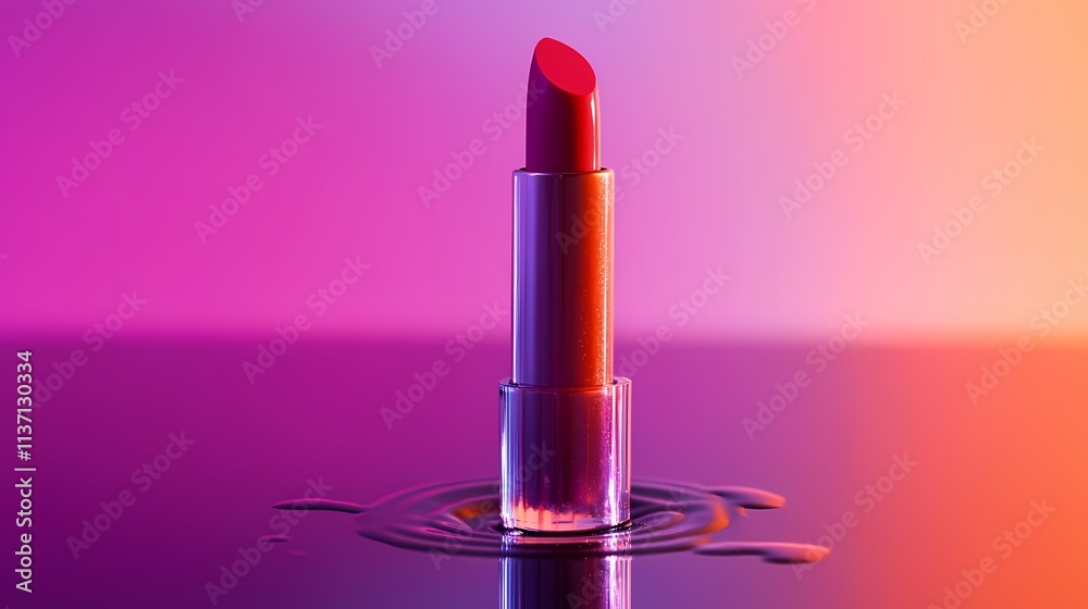 Lipstick stands upright with reflected ripple.
