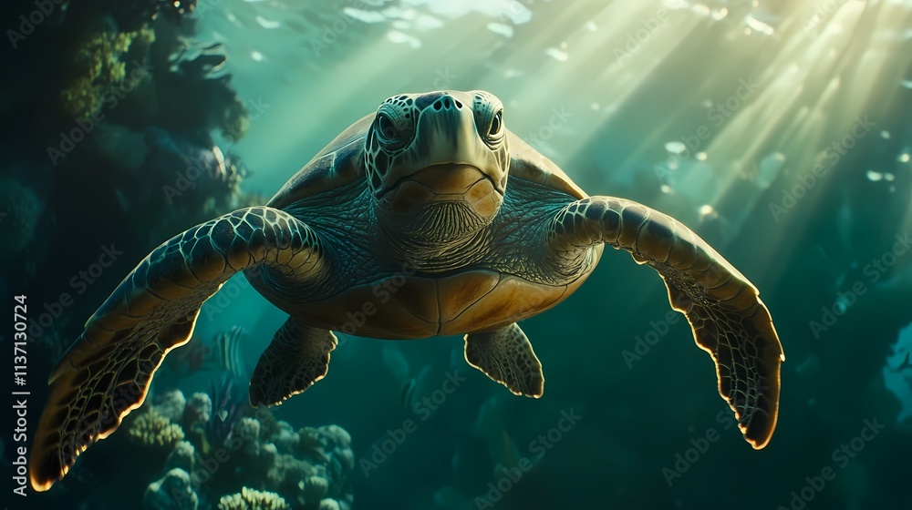 Obraz premium Majestic sea turtle gracefully swims in sunlit ocean, coral reef visible.