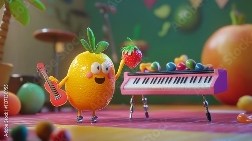 A smiling orange character holds a strawberry and plays a guitar in a bright, colorful setting filled with vibrant fruits. This fun, animated scene combines food and music, perfect for playful and photo