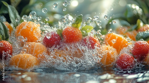 Citrus and berry mix splashing in water for a refreshing look
