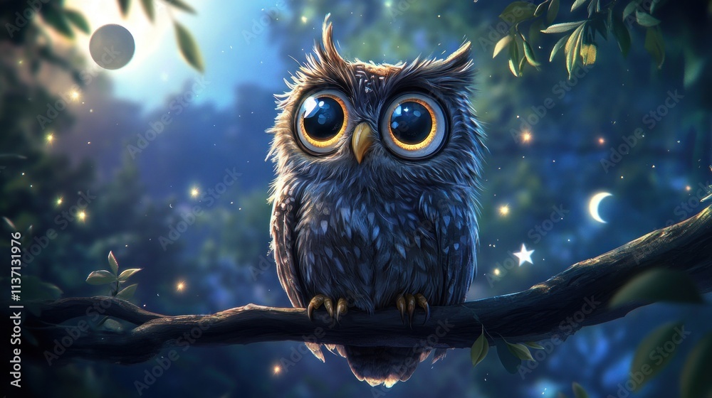 Adorable Owl Perched on Branch Under Night Sky