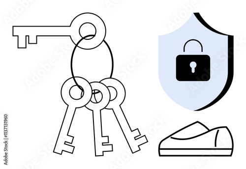 Multiple black-outlined keys on a silver ring next to a blue shield with a black lock icon and a simple shoe. Ideal for security, protection, access, safety, footwear, reliability, and trust. Line