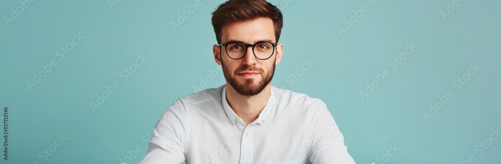 Confident young man with glasses posing against a blue background Confident young man with glasses posing against a blue background