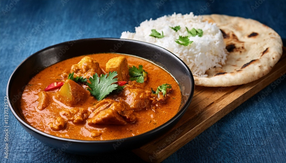 Aromatic chicken curry served with fluffy rice and naan bread. Aromatic chicken curry served with fluffy rice and naan bread.