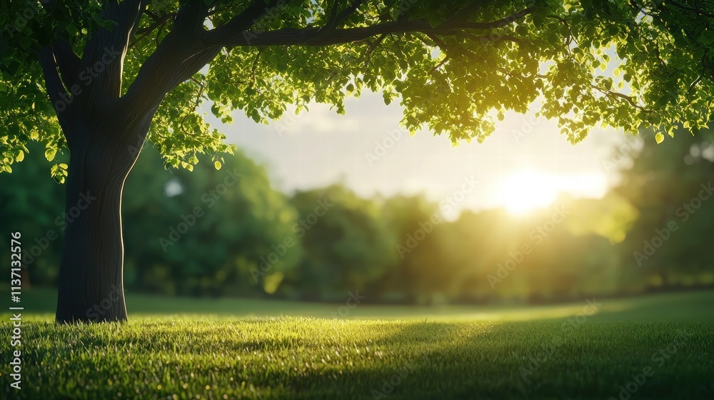 Fototapeta premium Serene sunset through lush green tree leaves