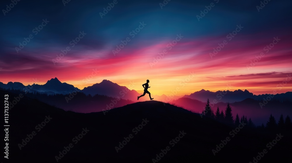 Fototapeta premium Silhouette of a runner against a vibrant sunset backdrop