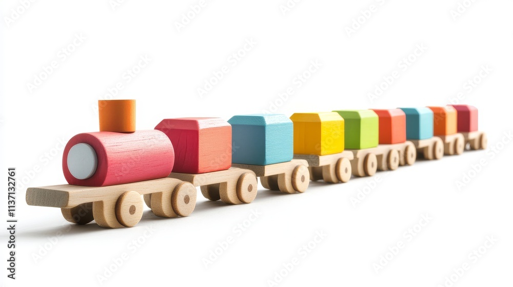 A wooden train toy featuring multiple colorful block cars arranged in a line. The playful and creative design is ideal for promoting educational and developmental toys for young children.. AI A wooden train toy featuring multiple colorful block cars arranged in a line. The playful and creative design is ideal for promoting educational and developmental toys for young children.. AI