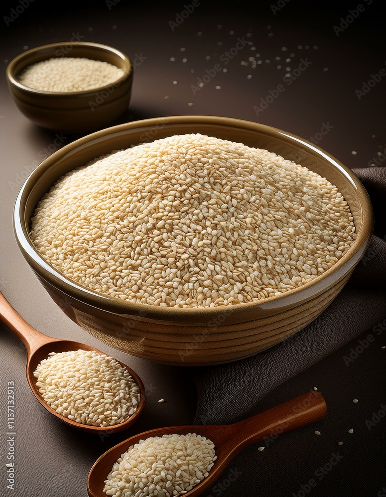 A large bowl of sesame seeds, two smaller bowls, and two wooden spoons filled with sesame seeds.